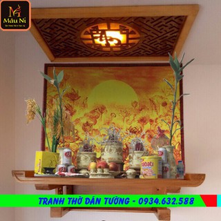 [ Bàn thờ gia tiên ] TRANH THỜ DÁN TƯỜNG trúc chỉ in MÂU NI  61cm x 81cm - Hồ sen