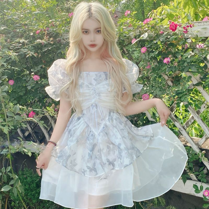 Váy đầm Công chúa voan xòe họa tiết hồ điệp thắt nơ màu trắng xám mặc hè loại đẹp