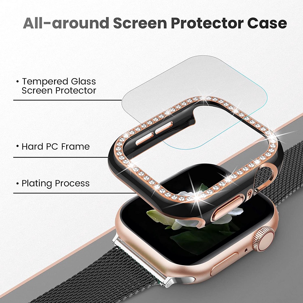 Ốp Bảo Vệ Mặt Đồng Hồ + Kính Cường Lực Bảo Vệ Màn Hình Apple watch 45mm 41mm 40mm 44mm 42 38mm Series 7 3 4 5 6 SE