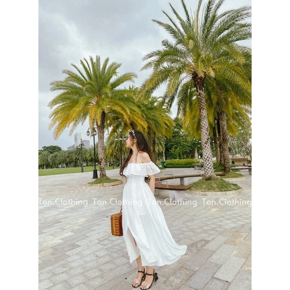 Maxi đi biển nữ Ton.Clothing maxi bẹt vai vải mịn mát họa tiết đẹp 2 lớp dễ thương xinh xắn màu trắng MAXI008