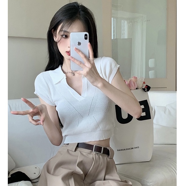 QKOOLE  Áo Croptop Dệt Kim Tay Ngắn Phong Cách Vintage Hàn Quốc