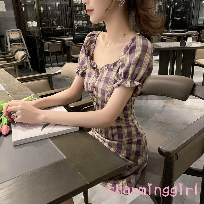 Đầm Ngắn Tay Ca Rô Ca Rô Thời Trang Dành Cho Nữ