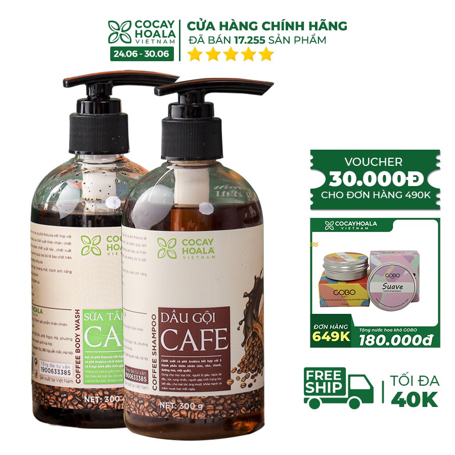 Combo dầu gội thảo dược sữa tắm Cafe sạch gàu khử mùi cơ thể Cocayhoala 300g/chai