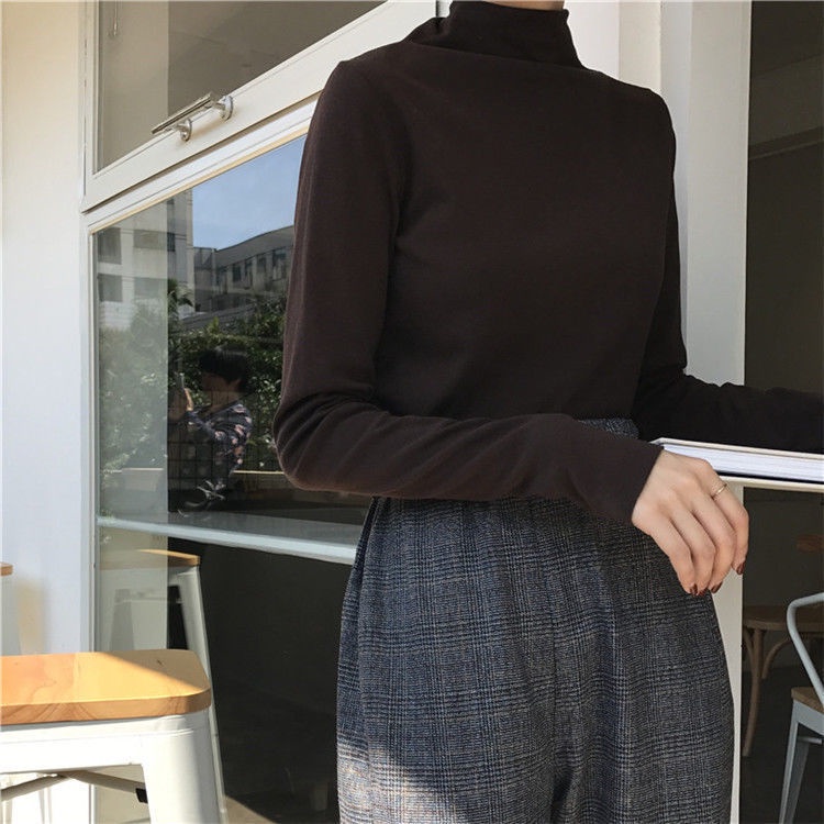 Áo thun tay dài cổ lọ màu đen dáng ôm thời trang thu đông cho nữ 2021