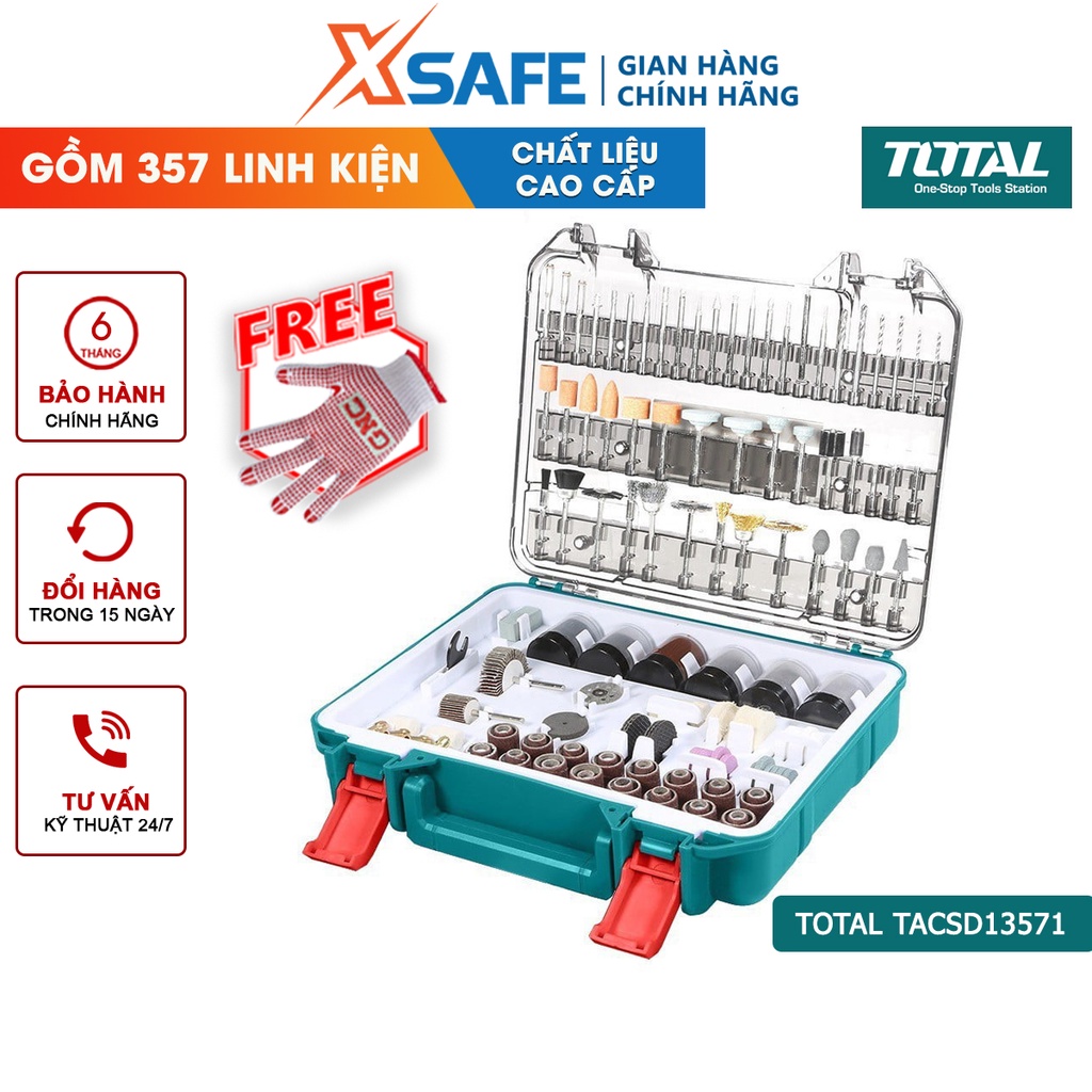 Bộ 357 linh kiện khoan mini TOTAL TACSD13571 Linh kiện máy mài thiết kế nhỏ gọn, tiện dụng, gồm 357 linh kiện khoan