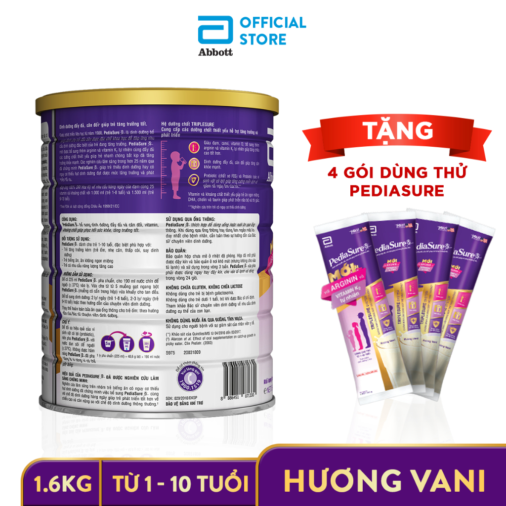 [Tặng 4 gói dùng thử] Sữa Bột Pediasure 1.6kg Hương Vani