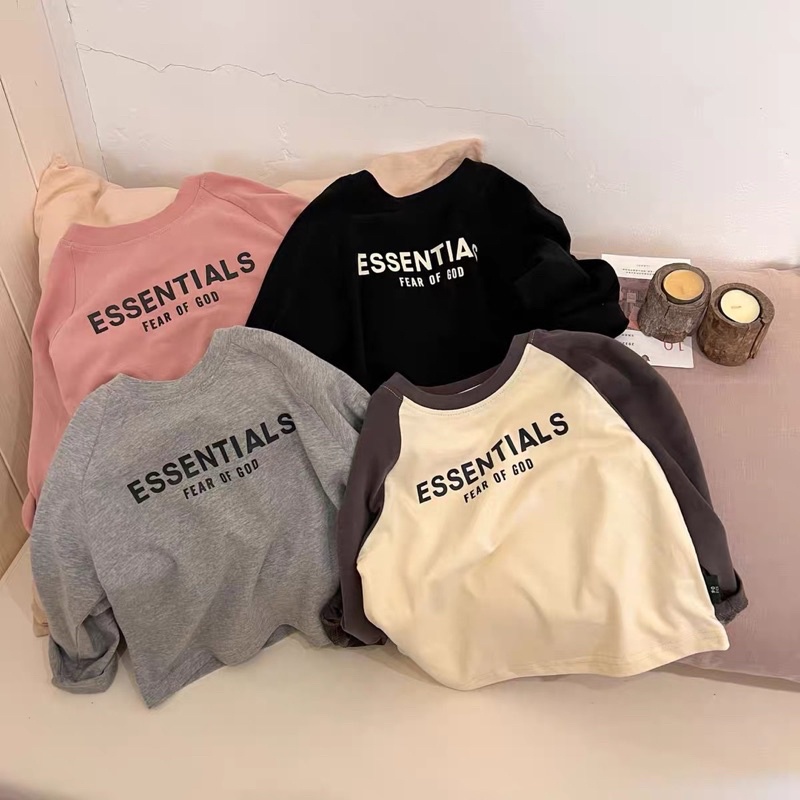 Áo Phông Cotton Dài Tay Thu Đông Cho Bé Trai Bé Gái Chữ Essentials Size 8-20kg