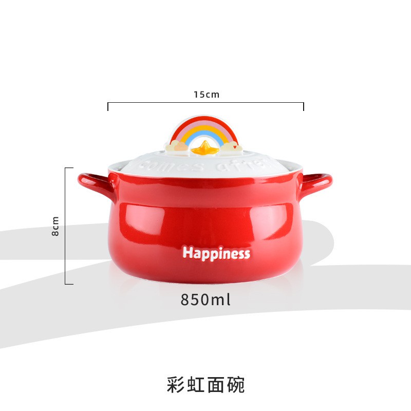 [850ml] Nồi Sứ Nấu Mì Ăn Liền Gốm Sứ Cầu Vồng Happiness Có Giá Đỡ Điện Thoại Di Động - DISI