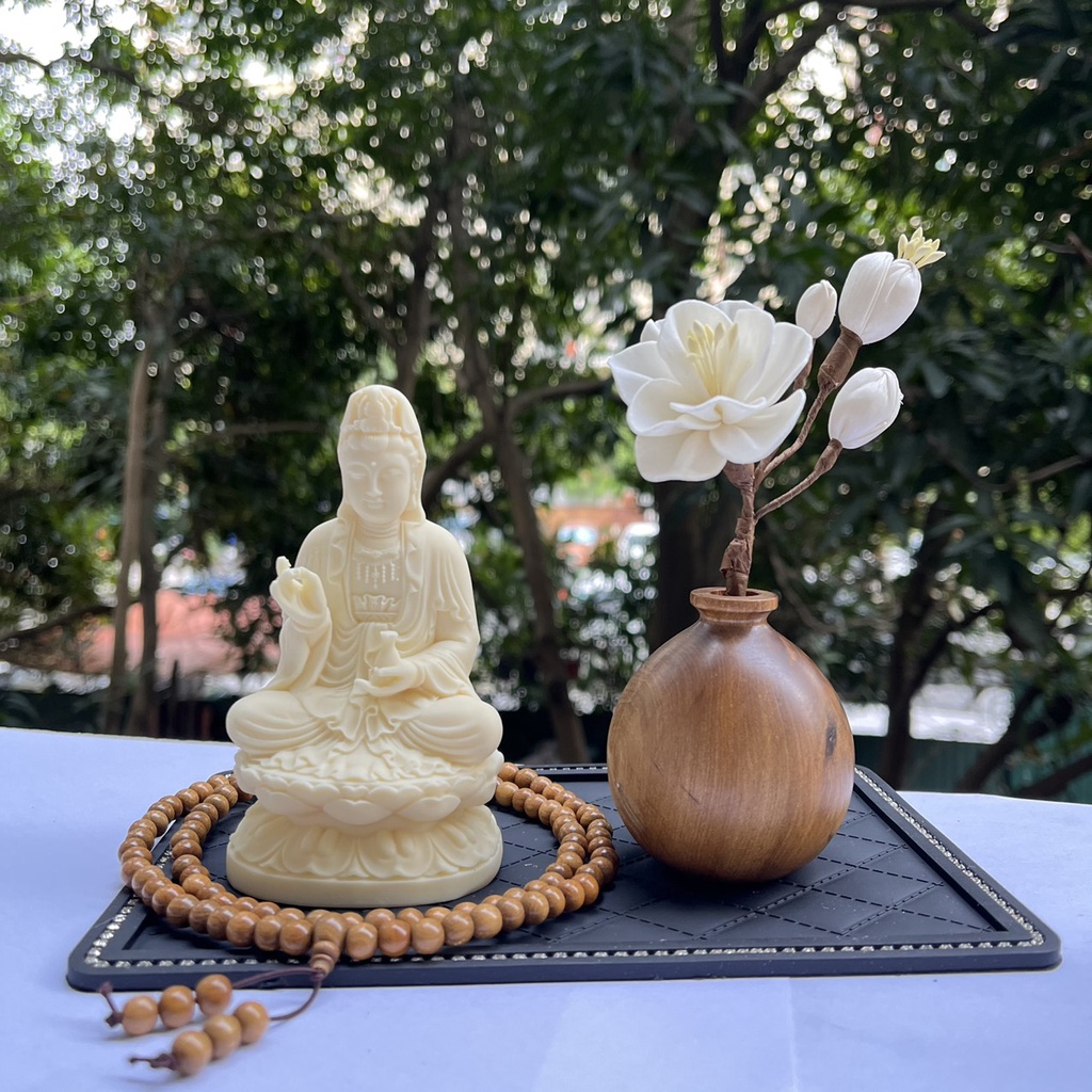 Tượng Phật Bà Quan Âm Để Xe Ô Tô Bằng Đá Ngà , Set Tượng Phật Bà Quan Âm Mix Bình Liên Hoa Cao Cấp