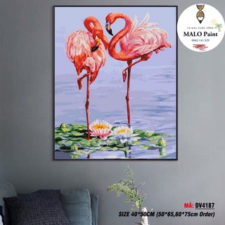 Tranh tự tô màu sơn dầu số hoá Tranh con vật Đôi chim hồng hạc