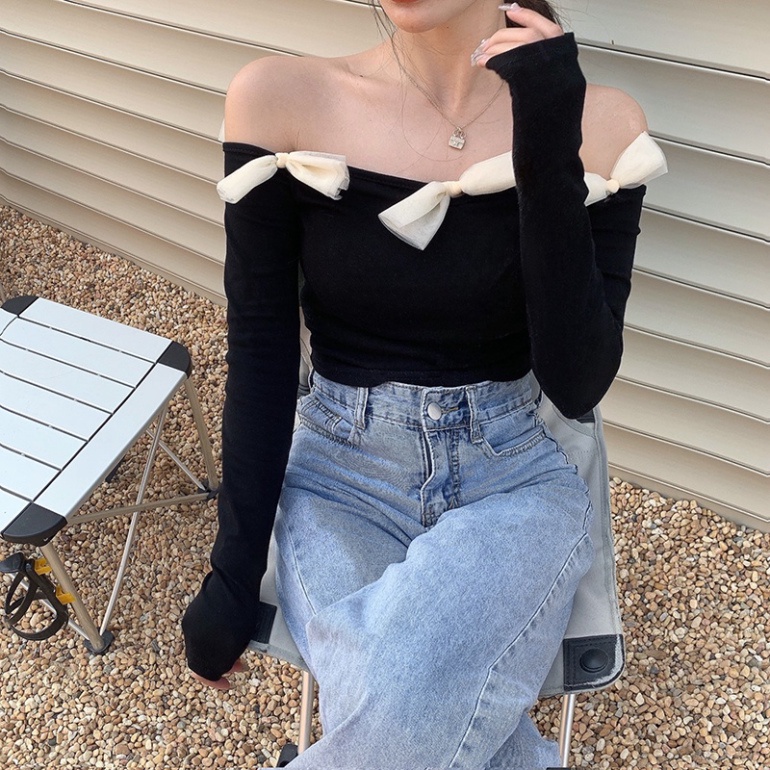 Áo phông thun bẹt vai dài tay thắt nơ viền áo sexy ngày hè dành riêng cho nữ AK44