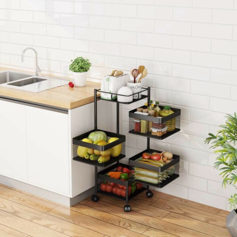 Kệ Vuông Xoay Đa Năng, Kệ Rau Củ Quả 4 Tầng Có Bánh Xe Di Chuyển