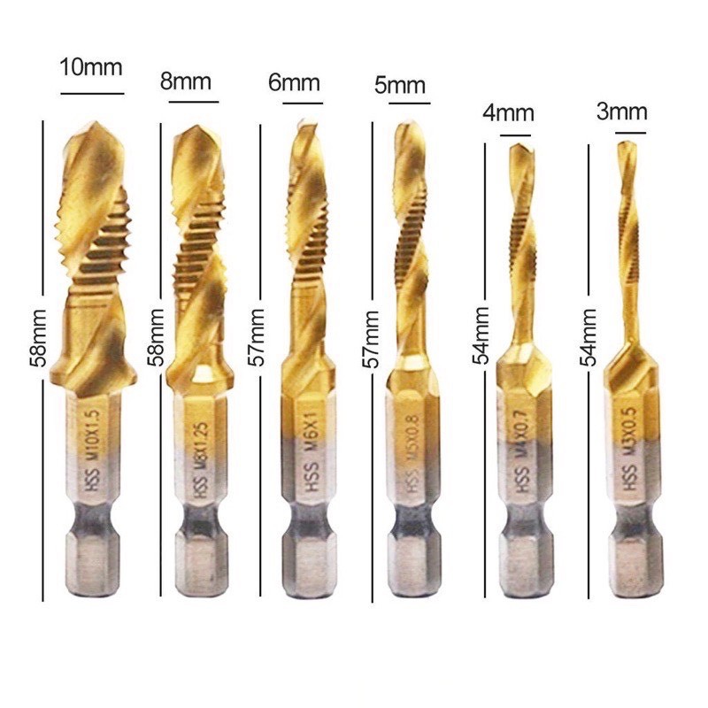 Bộ 6 mũi khoan taro ren M3- M10 chân lục giác