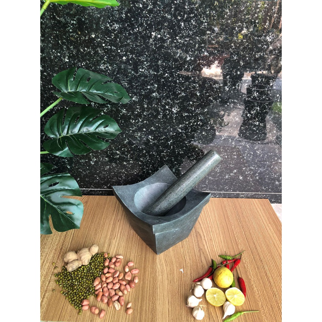 Bộ sản phẩm cối đá +  chày đá xanh  đánh bóng mẫu xưa 4 tai Đường Kính 15cm