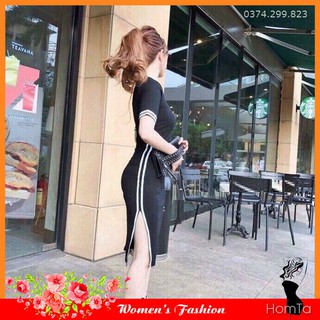 Đầm Body Xẻ Tà Thun Tăm Phối viền chuẩn VNXK