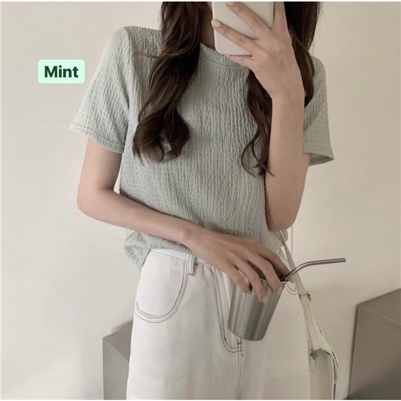 Áo thun xốp nhăn tay ngắn cổ tròn màu pastel