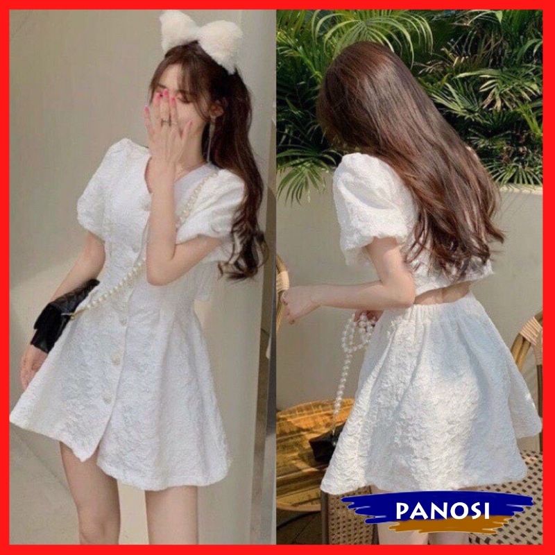 Váy tiểu thư ngắn tay chun hở lưng chất xốp gấp dày dặn hàng Quảng Châu PANOSI - V634