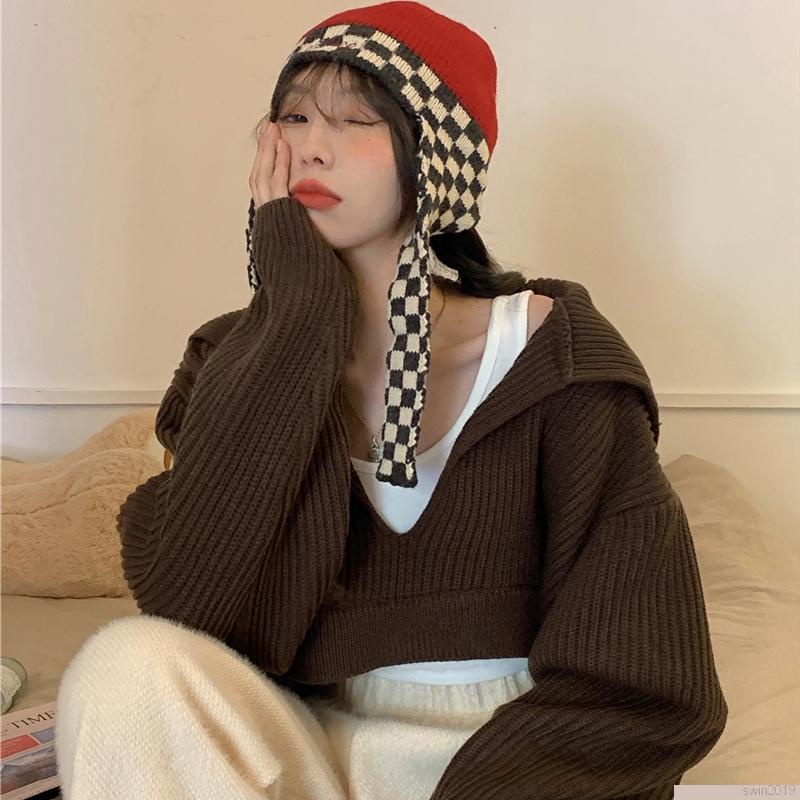 Áo Croptop dệt kim tay dài dáng rộng thoải mái phong cách thời trang