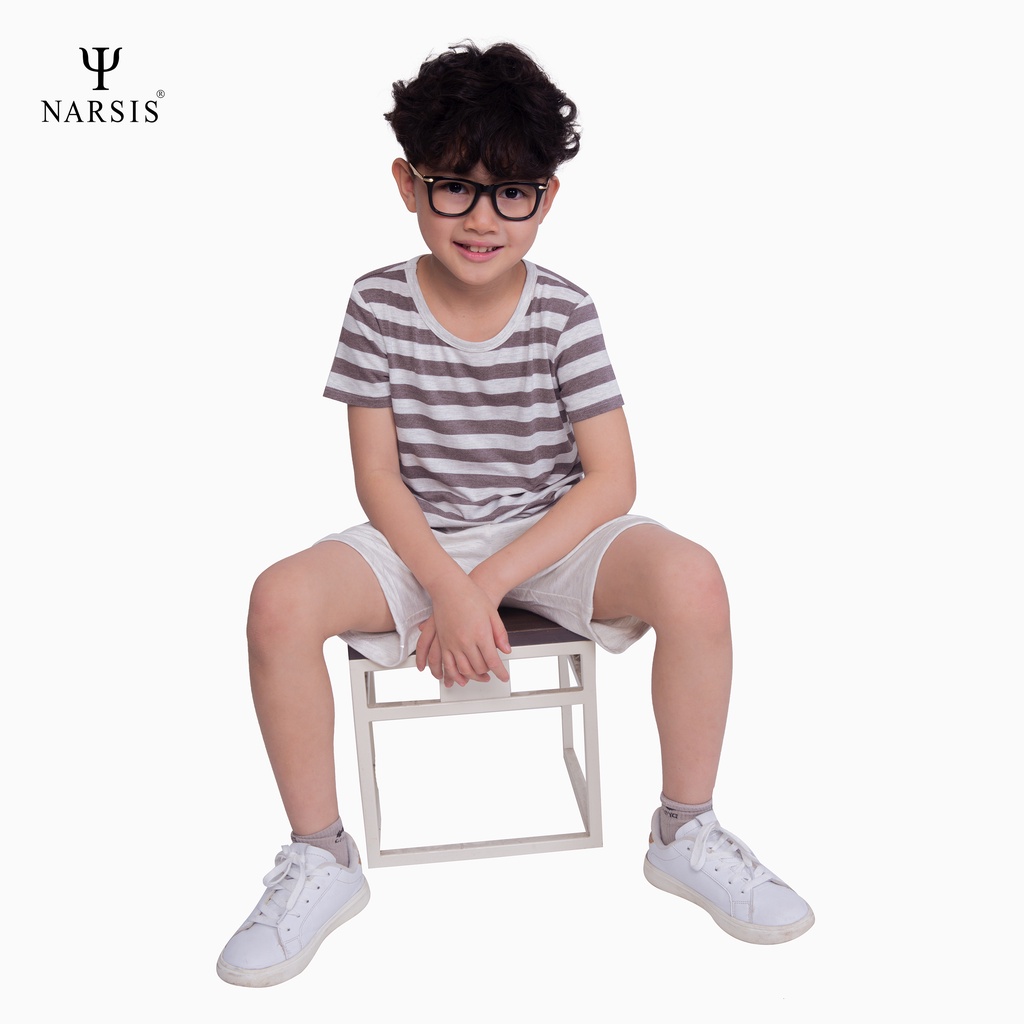 Bộ hè bé trai Narsis KE0003 kẻ trắng ngà vân phối quần da cá