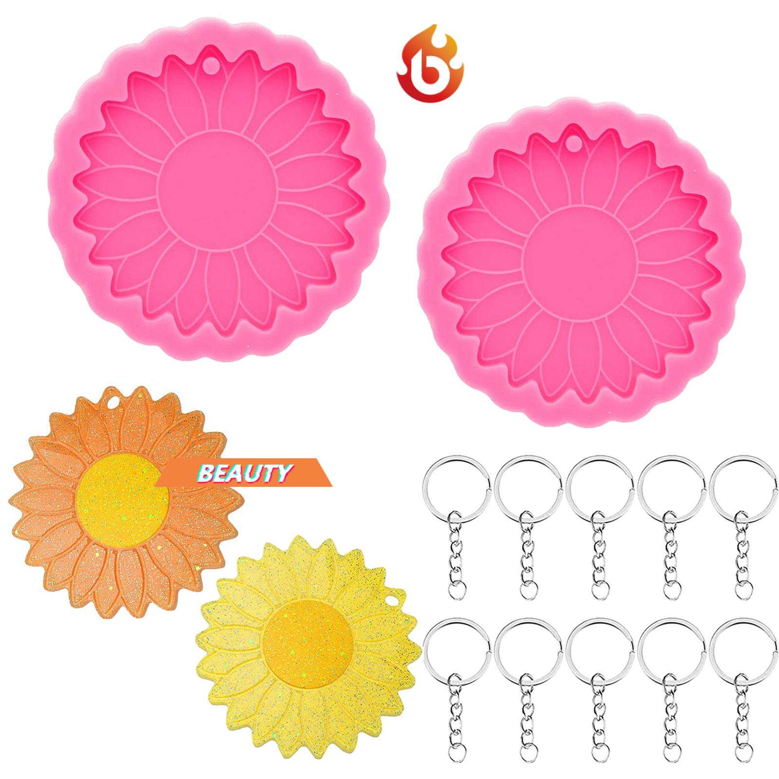 BEAUTY 12pack Pendants Making 8 cm/ 3.14 Inch for DIY Jewelry Flower Keychain Glossy Sunflower Resin Mold Casting Mold with Hole Pendant Epoxy Resin Crafts Silicone Mold