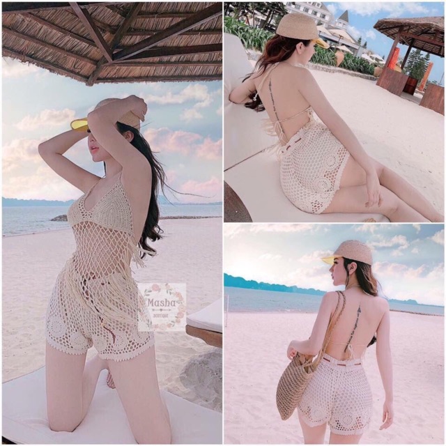 Set biển xinh xinh - áo bra đan móc kiểu tam giác yếm + quần sooc ren dây da ( có tách rời )