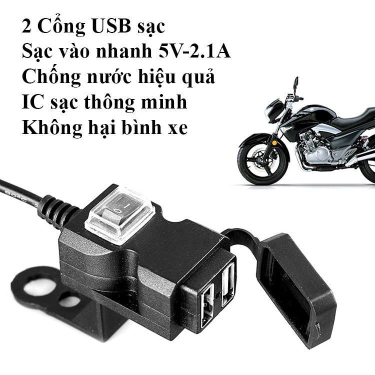 Sạc điện thoại xe máy 2 cổng sạc – Loại sạc vào nhanh 5V-2.1A (CD3022)