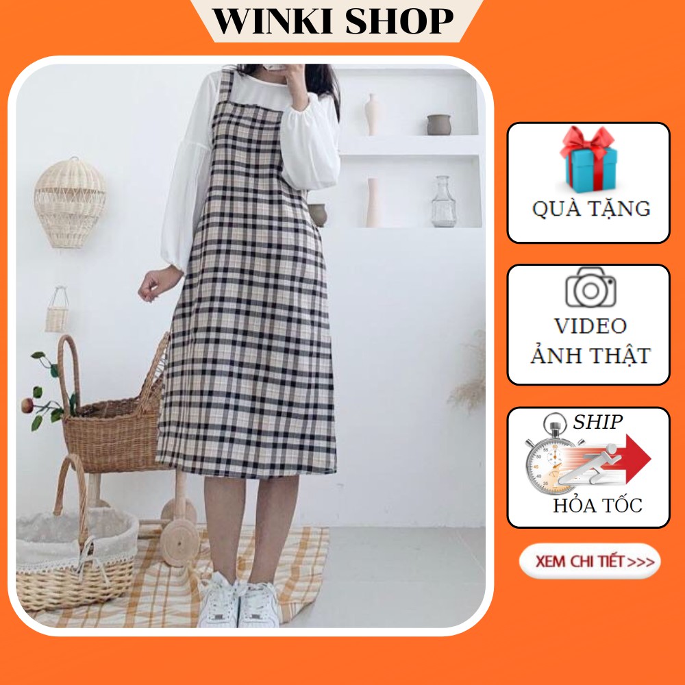 Váy yếm kẻ caro tặng kèm áo tay bồng Ulzzang, Bộ váy vintage kèm áo tay bo