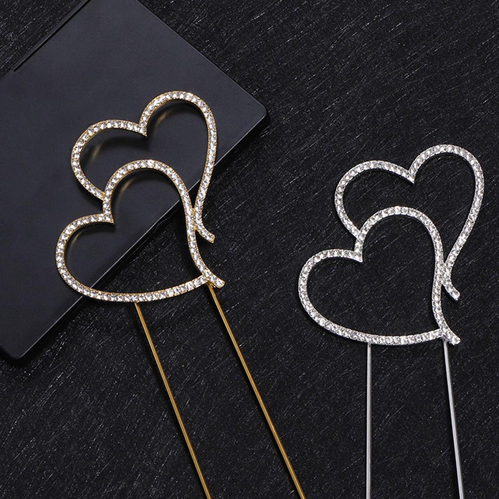 Cây Cắm Trang Trí Bánh Kem Hình Trái Tim Đôi Bằng Hợp Kim Lấp Lánh|Phụ Kiện Trang Trí Bánh Cupcake Lãng Mạn