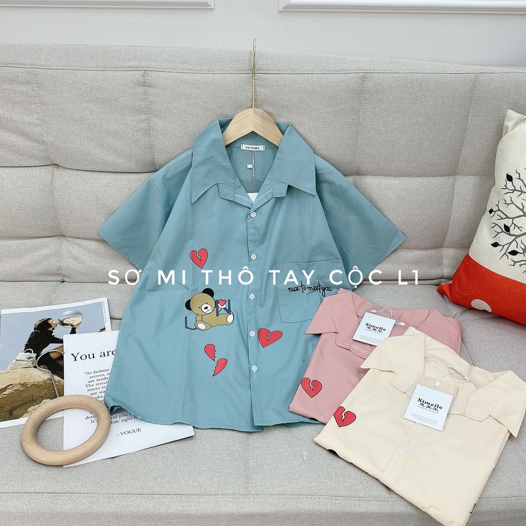 Áo Sơ Mi Gấu Trái Tim Thêu Chữ NICE TO MEET YOU Siêu Cute | BigBuy360 - bigbuy360.vn