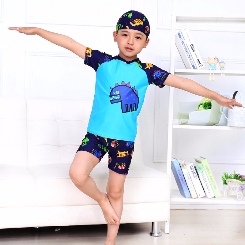 Bộ đồ bơi khủng long xanh dành cho bé trai CLEACCO cao từ 85cm đến 125cm tặng kèm nón bơi vải cùng màu BORO SPORT