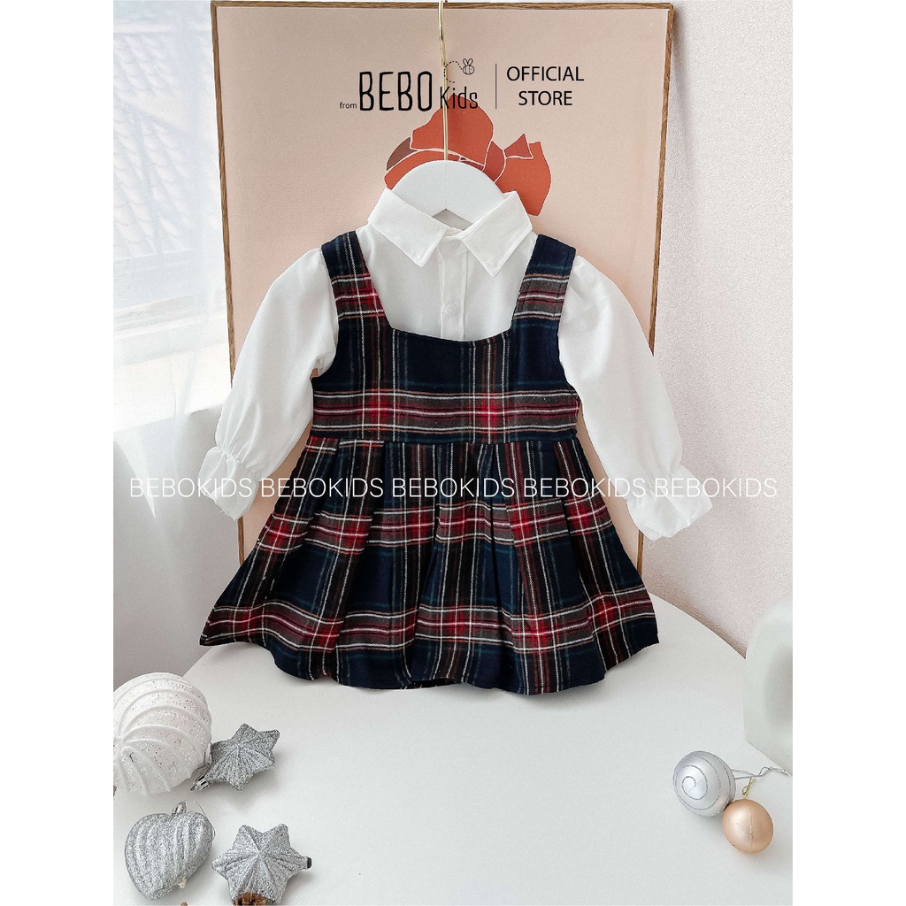 Set váy đầm cho bé gái thiết kế sơ mi phối váy yếm caro công chúa mùa xuân 10-22kg A10