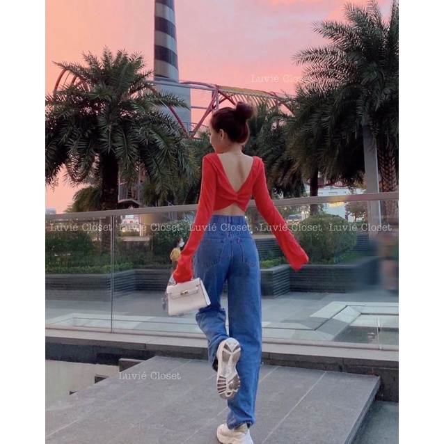 Áo croptop xoắn ngực tay dài màu đỏ gợi cảm mặc được nhiều kiểu, dịp Noel và đón năm mới