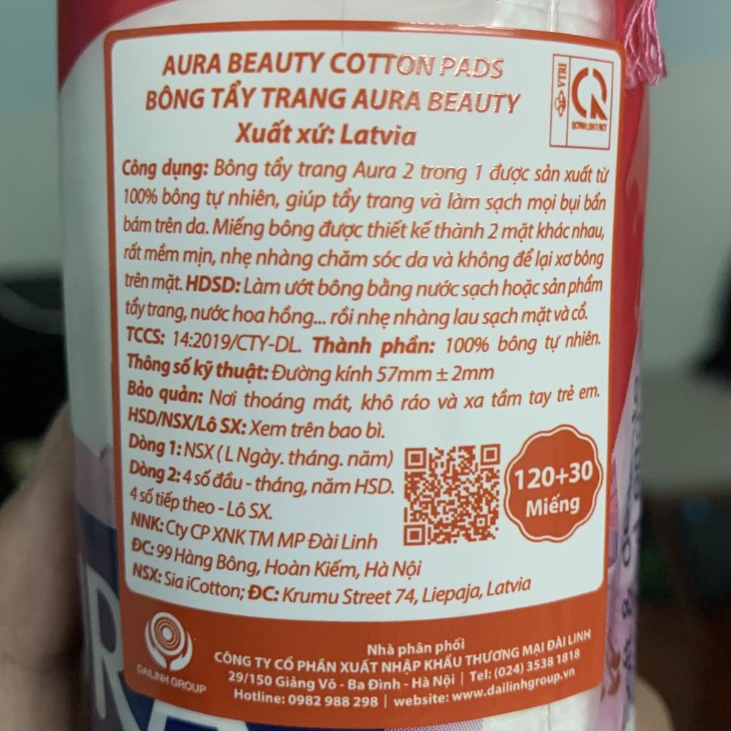 Bông Tẩy Trang Aura 150 Miếng, Mềm Mịn Chính Hãng, Cotton, Dập Viền, Nhiều Lớp.