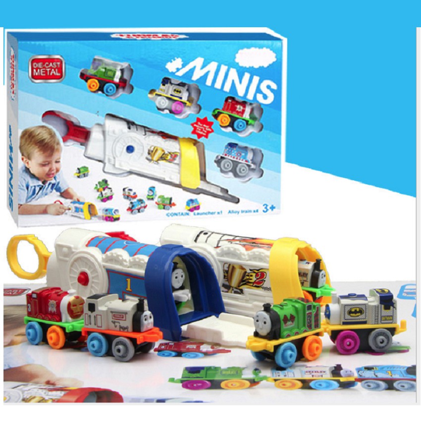 Bộ xe và nhà đẩy tàu hỏa thomas mini đồ chơi trẻ em gồm 1 nhà và 4 xe