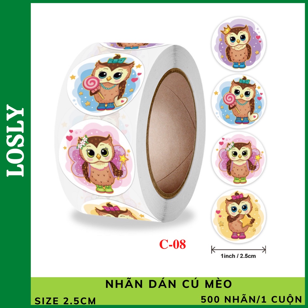 Cuộn 500 nhãn dán hình Cú Mèo C08 - Sticker tem nhãn dùng trang trí, tem niêm phong, decal