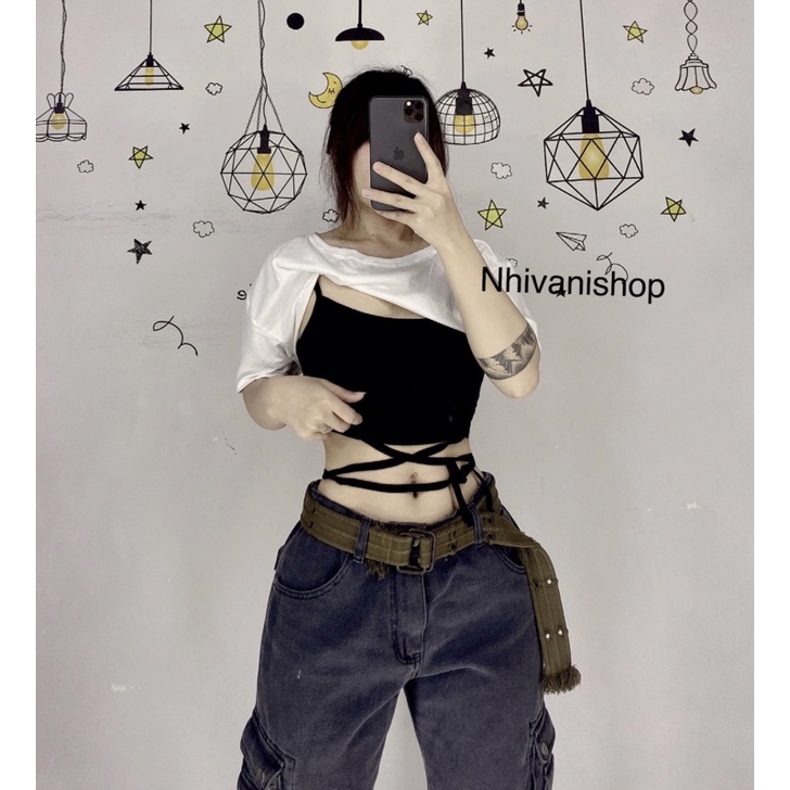 Set áo croptop phối áo hai dây cột eo cá tính