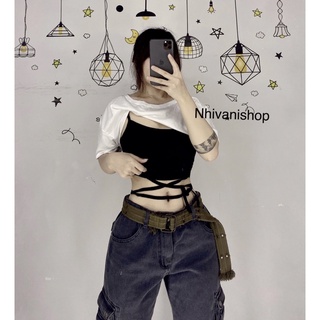 set áo croptop phối áo hai dây cột eo cá tính ( đi biển , đi tập gym tôn dáng )