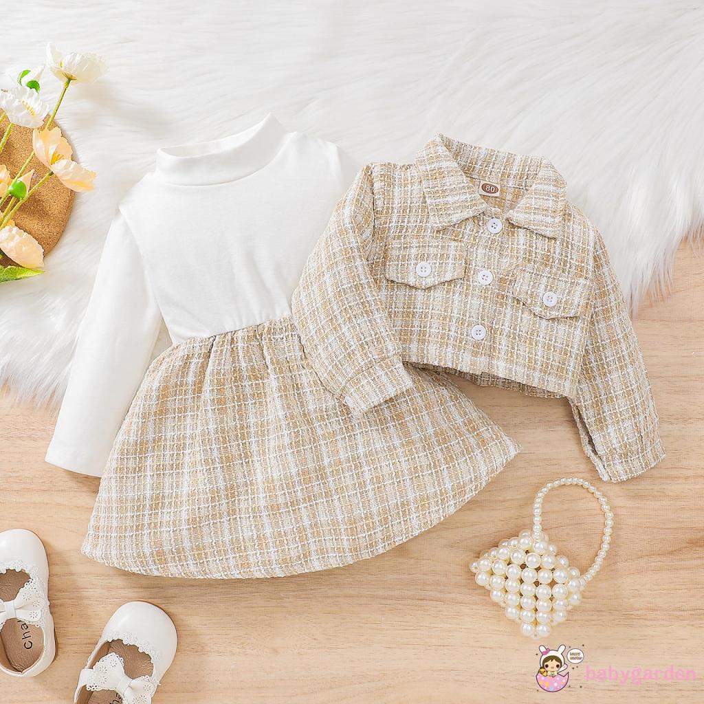 Set Đồ 2 Món Gồm Áo Tay Dài Cài Nút Kẻ Sọc Caro + Váy Cho Bé Gái 3-24 Tháng Tuổi