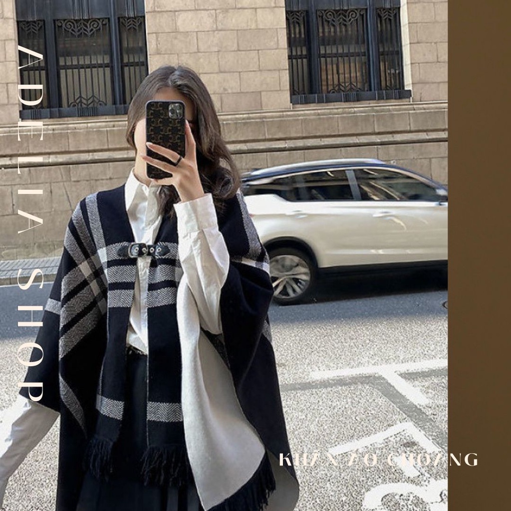 Áo Choàng Len | Áo Khoác Len Dạ Nữ Kết Hợp Khăn Choàng 2 Mặt Họa Tiết Kẻ Sọc Ulzzang