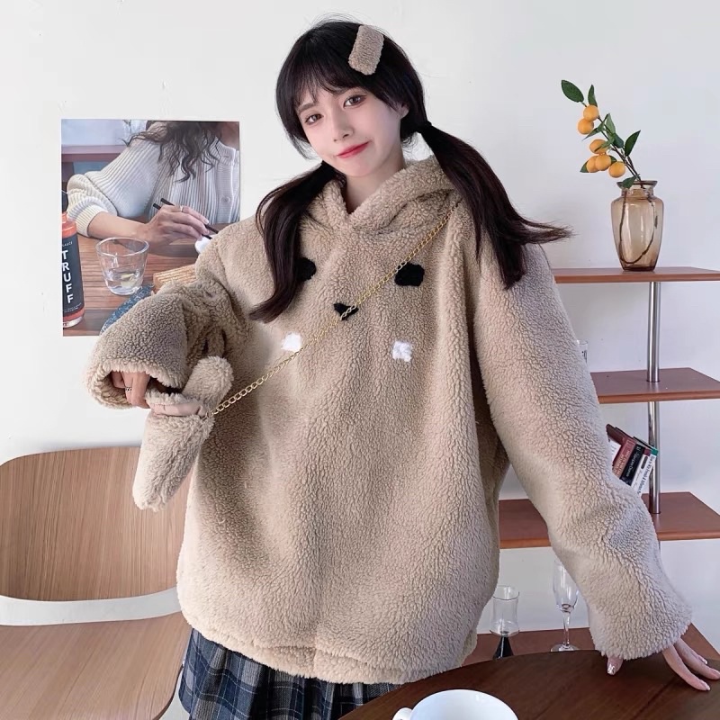 Áo hoodie lông unisex nam nữ  tai thỏ kèm túi màu be from rộng chất lông siêu ấm phong cách hàn quốc