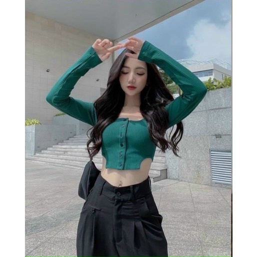 Áo kiểu cổ vuông croptop tay dài hàng nút trước cực xinh , chất thun bozip mềm mịn ( ảnh thật )