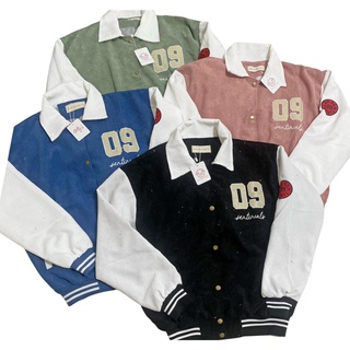 Áo khoác nhung kaki sơ mi cổ bẻ kiểu bomber 2 lớp lót dù màu đen,mint.xanh,hồng - thêuthêu 09 nam nữ