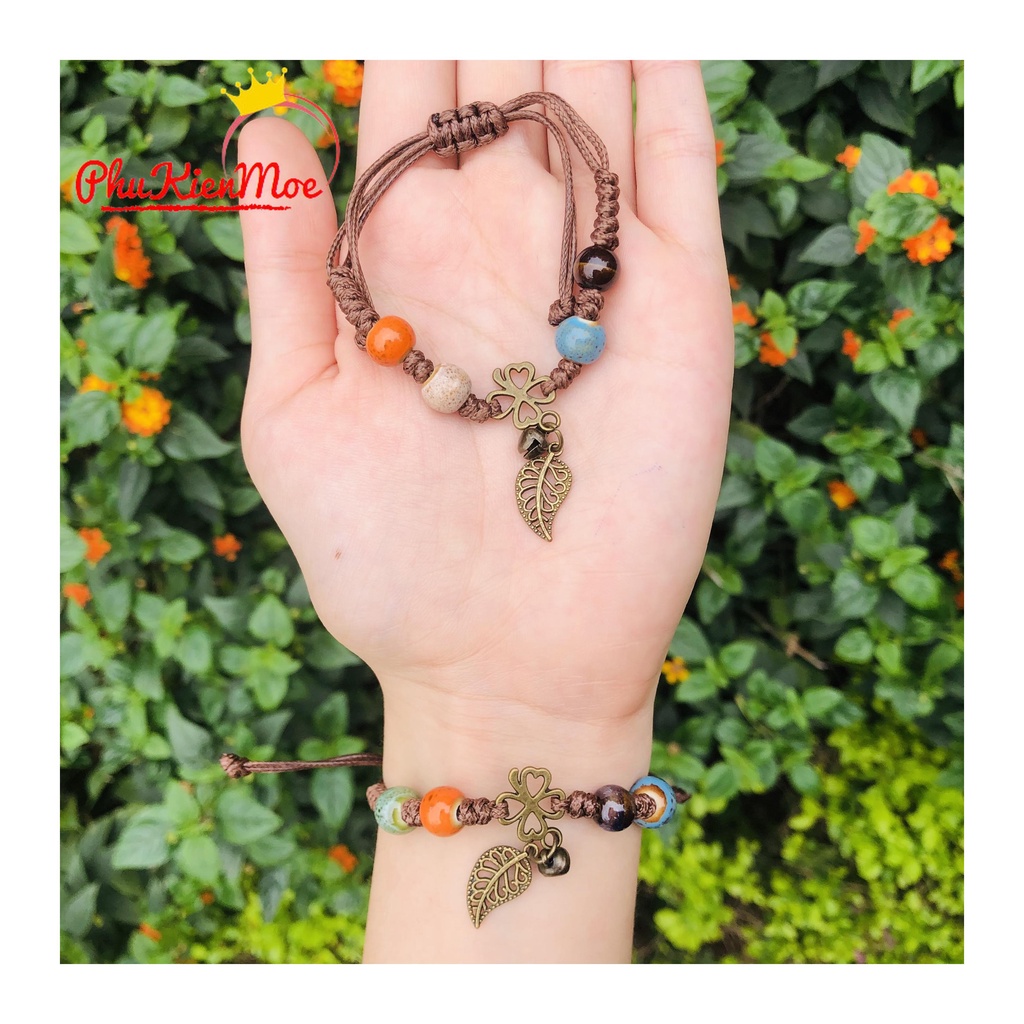 Vòng tay dây rút thổ cẩm hình chiếc lá may mắn phong cách vintage cổ điển | BigBuy360 - bigbuy360.vn