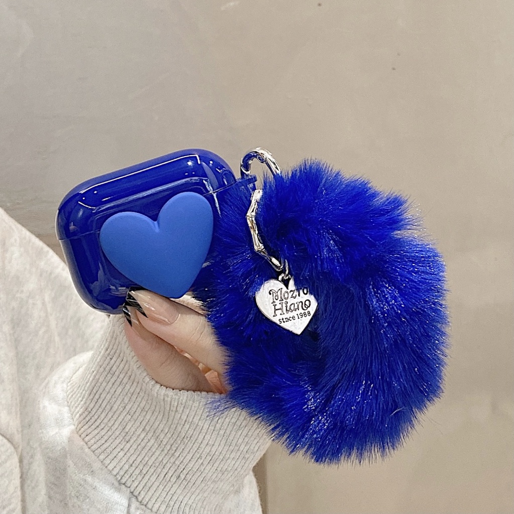 Vỏ bọc TPU mềm bảo vệ hộp sạc tai nghe bluetooth Airpods 1/2 pro gắn móc khóa hình trái tim phối bóng lông dễ thương