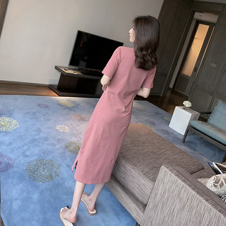 Đầm Rút Dây Ngực Cổ Tim Váy Suông Trơn Ngắn Tay Chất Cotton Co Dãn | BigBuy360 - bigbuy360.vn