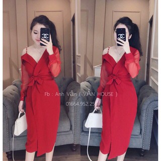 Đầm body bẹt vai tay dài phối bèo đính hạt