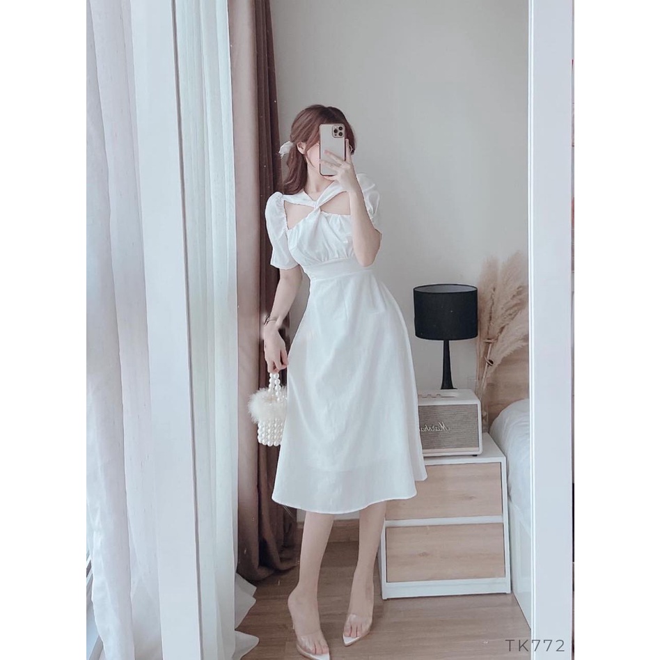 Váy đầm tiểu thư xoắn ngực tay phồng, đầm đi chơi, dự tiệc, maxi, cổ yếm, chữ A, triết eo