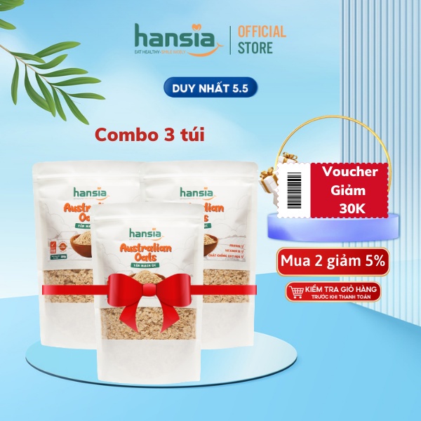 Combo 3 Gói Yến Mạch Úc Organic HANSIA Có Hàm Lượng Chất Xơ Cao, Cùng Các Chất Dinh Dưỡng Khác Tốt Cho Sức Khỏe 500g/Gói