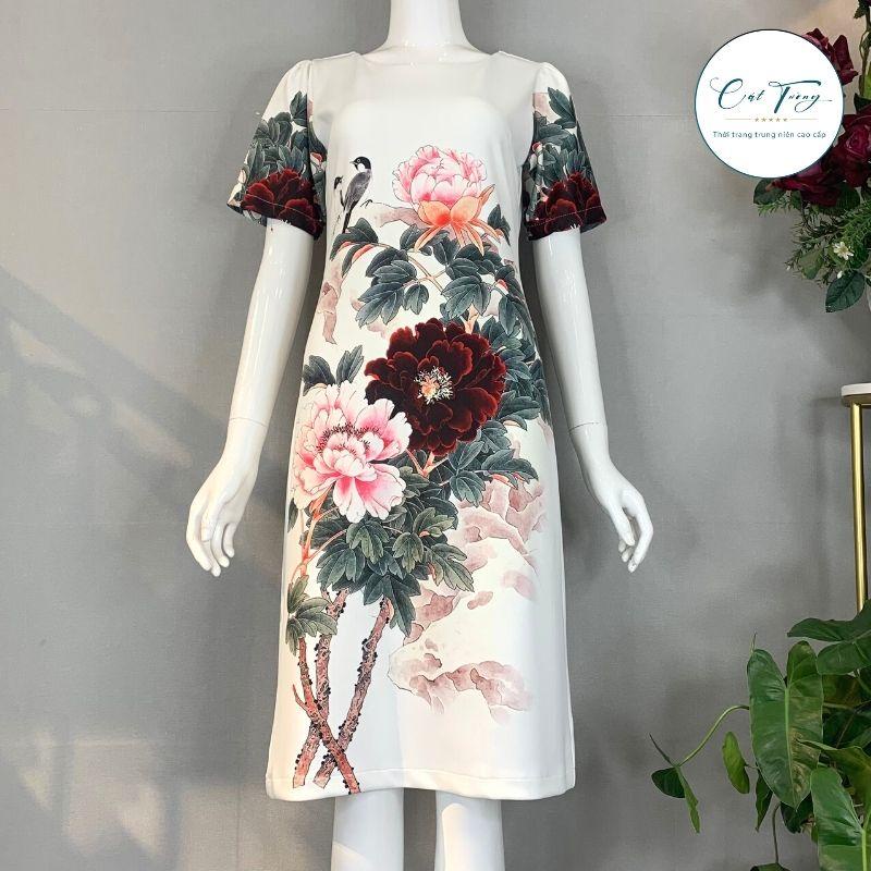 Đầm nữ kiểu trung niên thiết kế cho mẹ màu trắng chiếc eo nhẹ, A17 - Thời trang Cát Tường