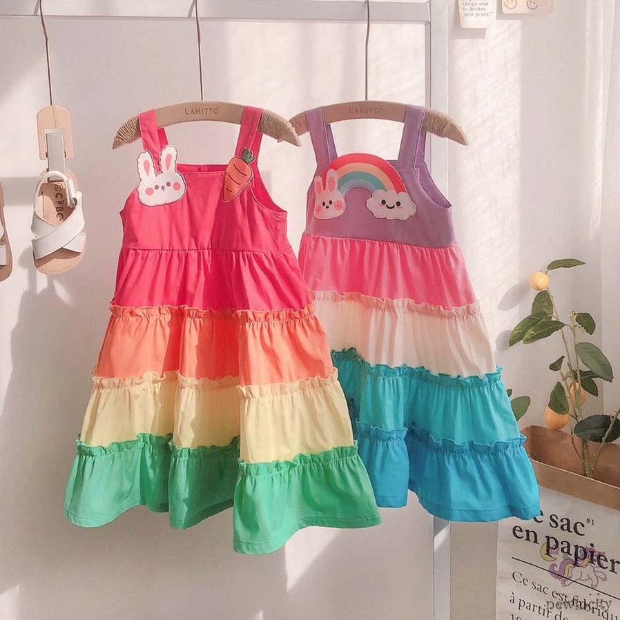 Đầm không tay thiết kế phối màu cầu vồng hoạt hình thời trang Hàn Quốc cho bé gái